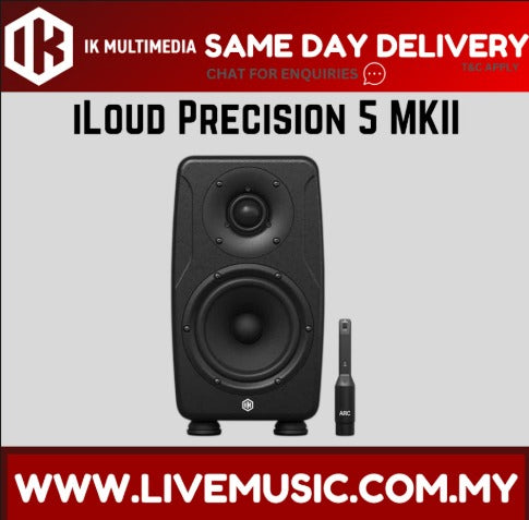 Black powered studio monitor speaker with dual drivers, front view
