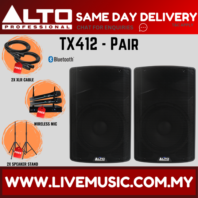 Alto TX412 12" Powered Loudspeaker w/Mic, Speaker Stand and Cable - Each / Pair ( TX-412 TX 412 ) Replace TX312 TX-312