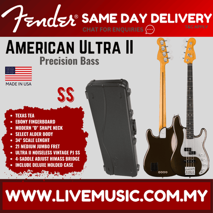 Fender American Ultra II Precision Bass Guitar, Ebony FB, Texas Tea