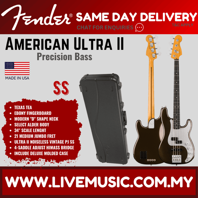 Fender American Ultra II electric bass guitar with Texas Tea body and ebony fingerboard