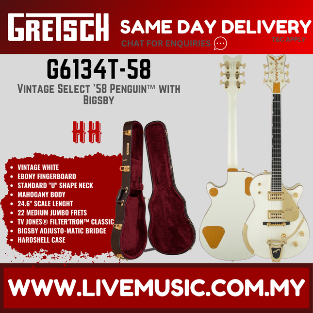 Gretsch G6134T-58 Vintage Select '58 Penguin Electric Guitar, Vintage White