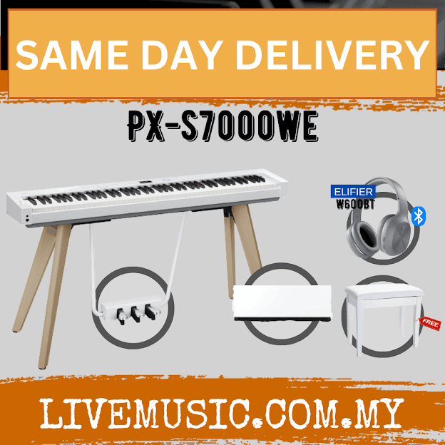 White 88-key digital piano set with bench and Bluetooth headphones