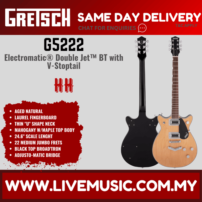 Gretsch G5222 Electromatic Double Jet BT Electric Guitar w/V-Stoptail, Laurel FB, Aged Natural