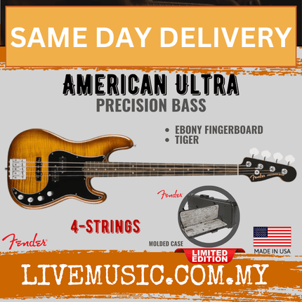 Fender American Ultra Limited Edition Precision Bass Guitar, Ebony FB, Tiger