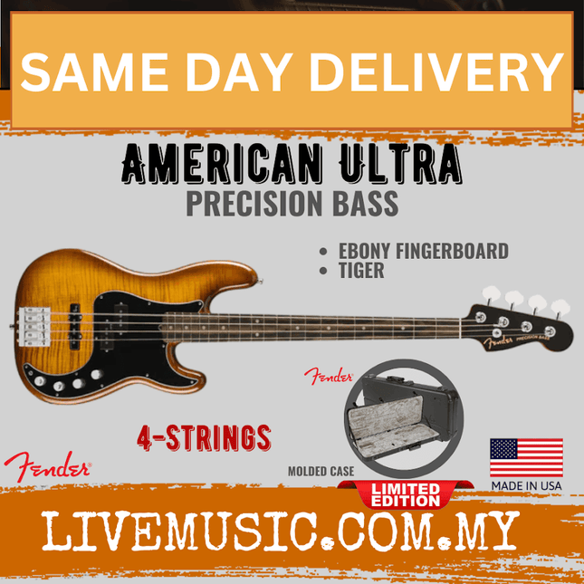 Ebony precision bass guitar with tiger pickguard and 4-string layout