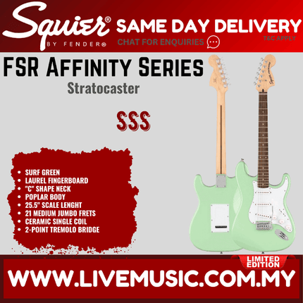 Squier FSR Affinity Series Stratocaster Electric Guitar w/White Pickguard, Laurel FB, Surf Green