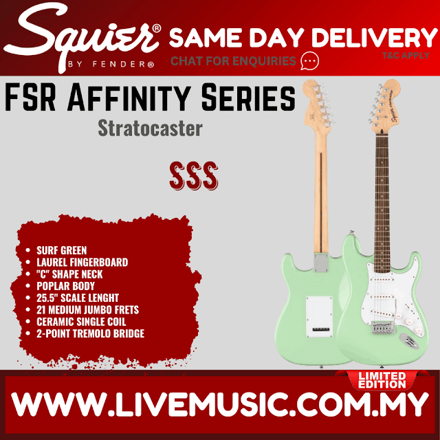 Squier FSR Affinity Series Stratocaster Electric Guitar w/White Pickguard, Laurel FB, Surf Green