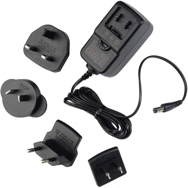 12V power supply adapter set with multiple plug heads and DC output cable, black