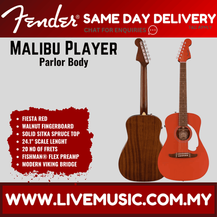 Fender California Malibu Player Small-Bodied Acoustic Guitar, Walnut FB, Fiesta Red