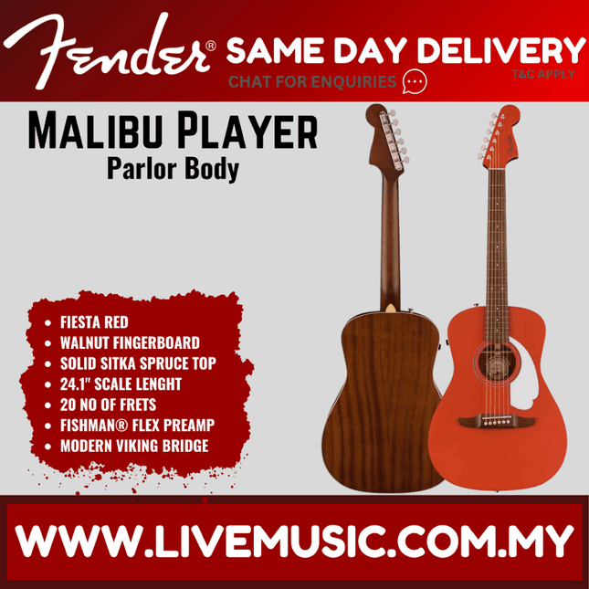 Fender California Malibu Player Small-Bodied Acoustic Guitar, Walnut FB, Fiesta Red