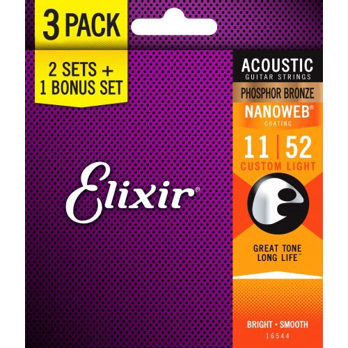 Elixir 16544 Nanoweb Phosphor Bronze Custom Light Acoustic Guitar Strings - 3 Pack (11-52)