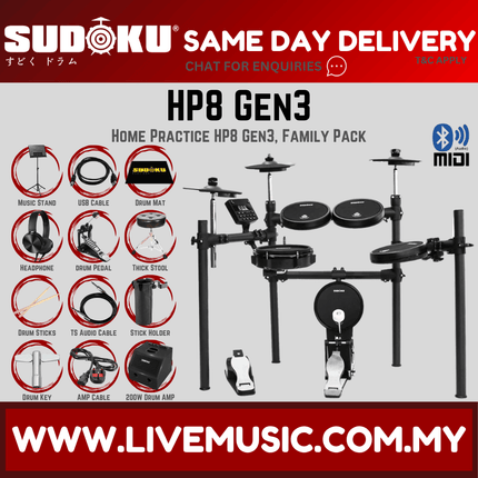 Sudoku Home Practice HP8 Gen 3 Mesh Black Electronic Drum Set With Accessories ( HP-8 HP 8 )