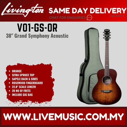 Livingston V01-GS 38" Solid Top Acoustic Guitar, Rosewood FB, Natural / Orange / Black ( V01 GS V01GS )