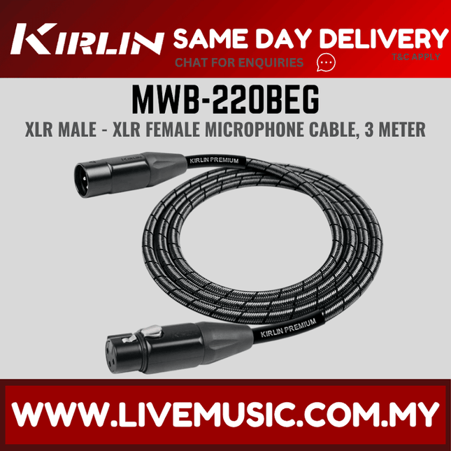 Kirlin MWB-220BEG /BM 3 Pin Metal Connector XLR Male to XLR Female Premium Plus Microphone Mic Cable - Metallic Black(MWB 220BEG/MWB220BEG)