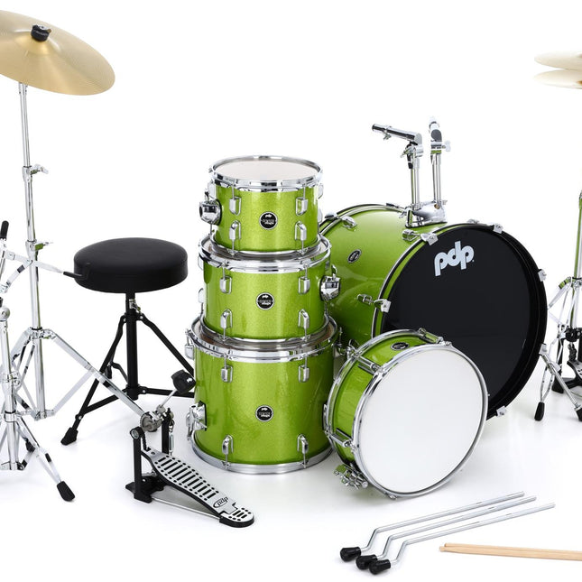 PDP Center Stage 5-piece Complete Drum Set with Hardware, Stool and Cymbal - Electric Green Sparkle ( PDCE2215KT )