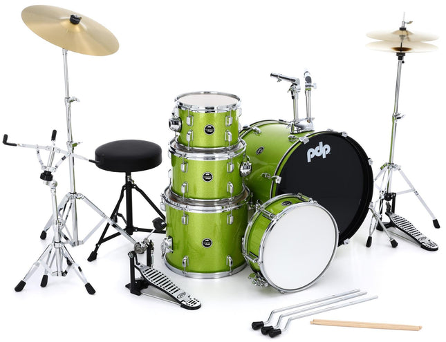 PDP Center Stage 5-piece Complete Drum Set with Hardware, Stool and Cymbal - Electric Green Sparkle ( PDCE2215KT )