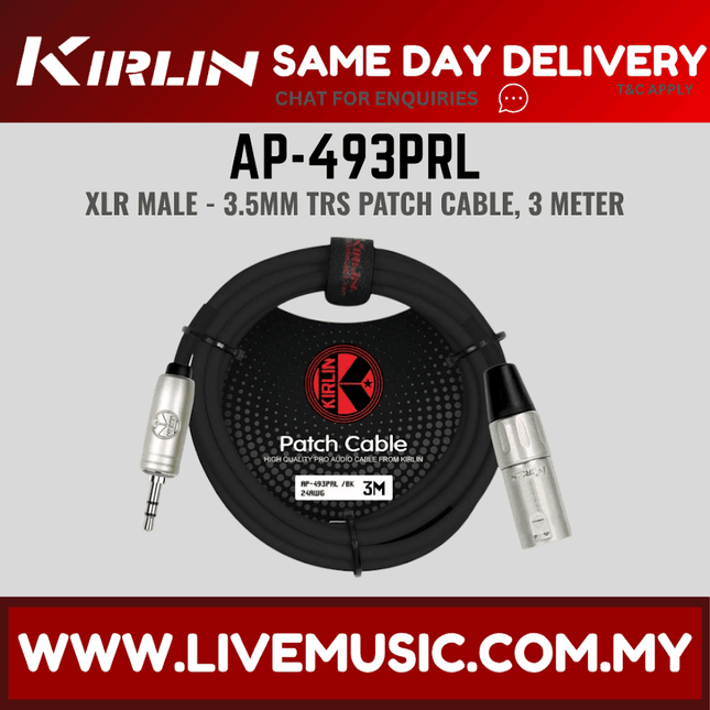 Kirlin AP-493PRL 3 Meter XLR Male to 3.5mm TRS Plug Original Single Patch Microphone Mic Cable - Black (AP 493PRL/AP493PRL)