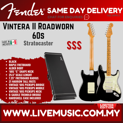 Fender Limited Edition Vintera II Roadworn 60s Stratocaster Electric Guitar, Maple FB, Black