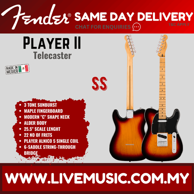 Fender Player II Telecaster Electric Guitar, Maple FB, Coral Red / 3 Tone Sunburst / Black / Butterscotch Blonde / Mocha