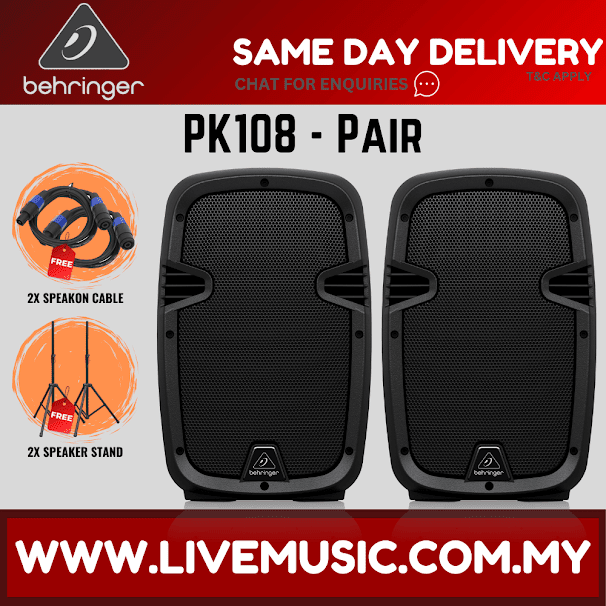Behringer PK108 Passive 350-Watt 8" PA Speaker System W/Speaker Stand & Cable - Each / Pair ( PK 108 / PK-108 )
