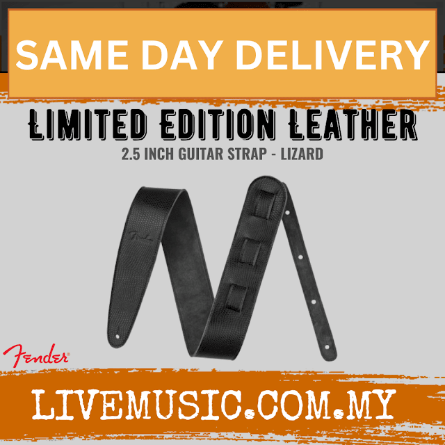 Fender 2.5-inch leather guitar strap with lizard pattern, dark finish