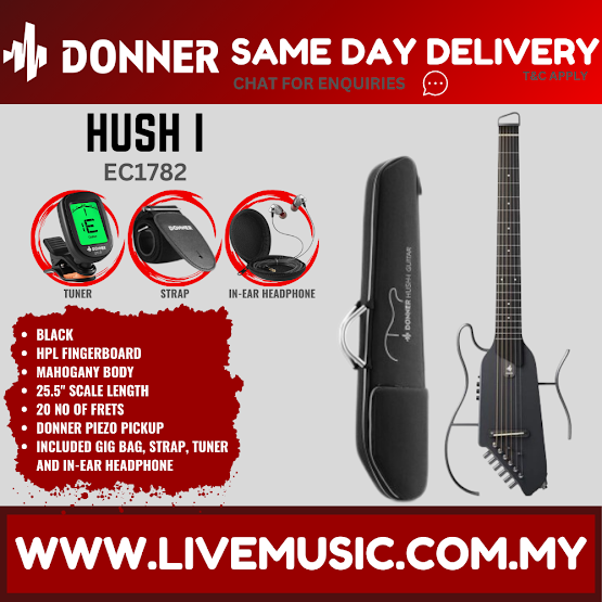 Donner EC1782 HUSH-I Acoustic-Electric Guitar Kit for Travel Silent Practice - Black ( HUSH I / HUSHI )
