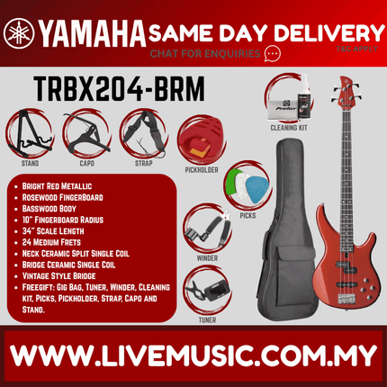 Bright red metallic 4-string electric bass guitar with included accessories and stand