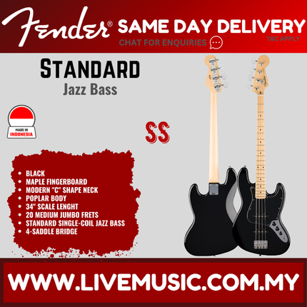 Fender Standard Jazz Bass Guitar w/White Pickguard, Maple FB, Black