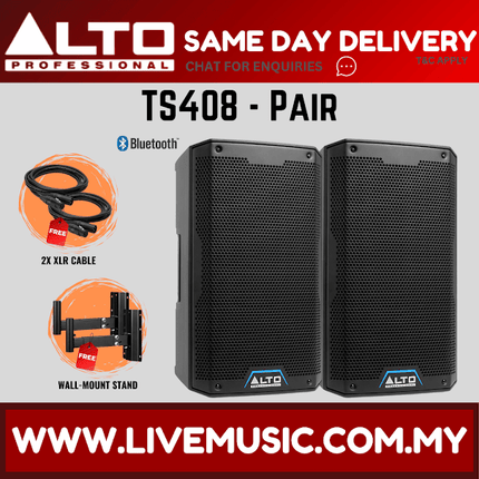Alto TS408 2000W 8" Powered Speaker w/UG-88HH Wireless Mic, Speaker Stand and Cable - Each / Pair ( TS 408 TS-408 )