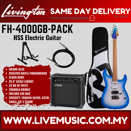 Grand blue HSS electric guitar bundle with amp, cables, stand, and black gig bag