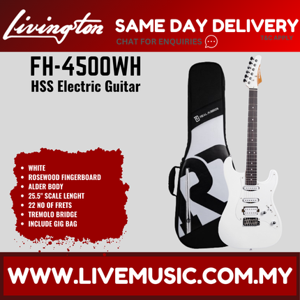 Livingston FH-4500-PACK Stratocaster HSS Electric Guitar w/GA15II Amplifier, Rosewood Fretboard - White ( FH 4500 FH4500 )