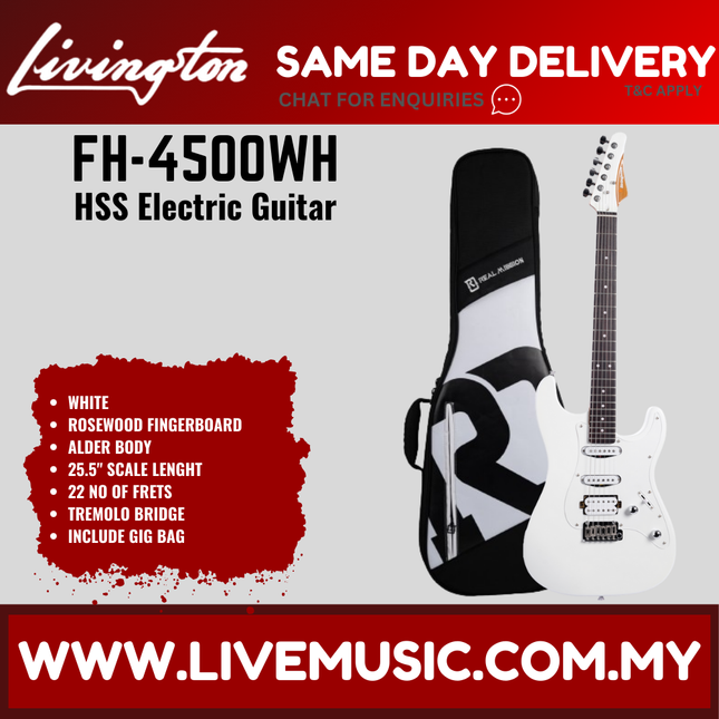 White HSS electric guitar with rosewood fretboard and black gig bag