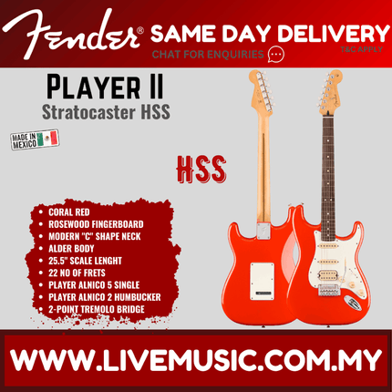 Fender Player II Stratocaster HSS Electric Guitar, RW FB, Coral Red