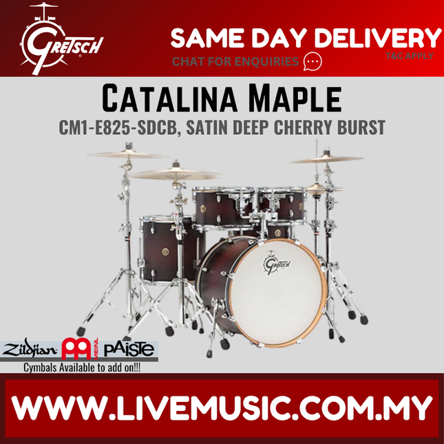 Satin deep cherry 5-piece drum shell kit with bass drum, toms, snare, and cymbals