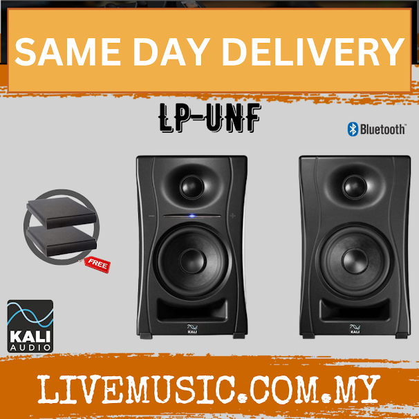 Pair of black near-field studio monitor speakers with front woofer and tweeter.