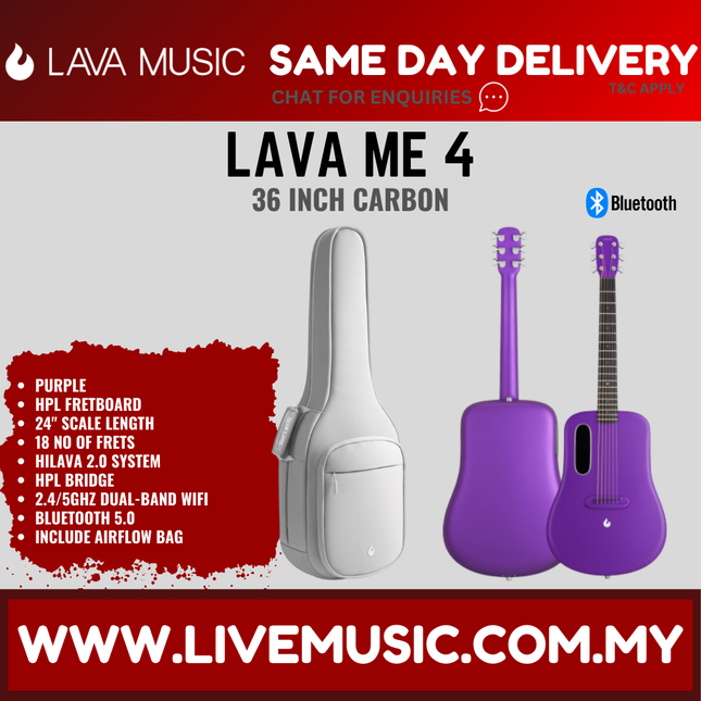 Lava Me 4 36" Carbon Fiber Smart Acoustic Electric Guitar With Touchscreen Effects And Airflow Bag-Purple