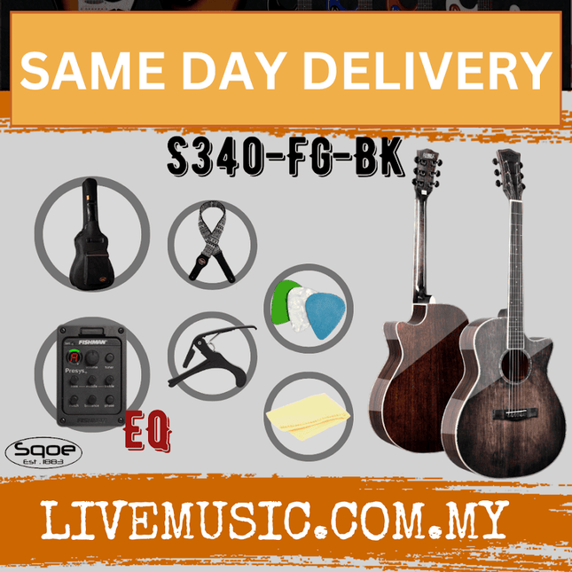 Sqoe S340-FG Solid Spruce Top 41Inch Acoustic-Electric Guitar w/Bag, Strap, Capo, Pick - Black ( S340 FG S340FG )