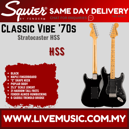 Squier Classic Vibe 70s Stratocaster HSS Electric Guitar, Maple Fingerboard - Black