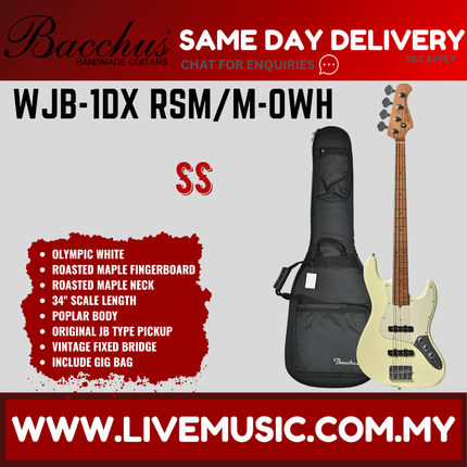 Bacchus WJB-1DX RSM/M Universe Series Roasted Maple Electric Bass - Olympic White ( WJB1DXRSMM / WJB1DX )