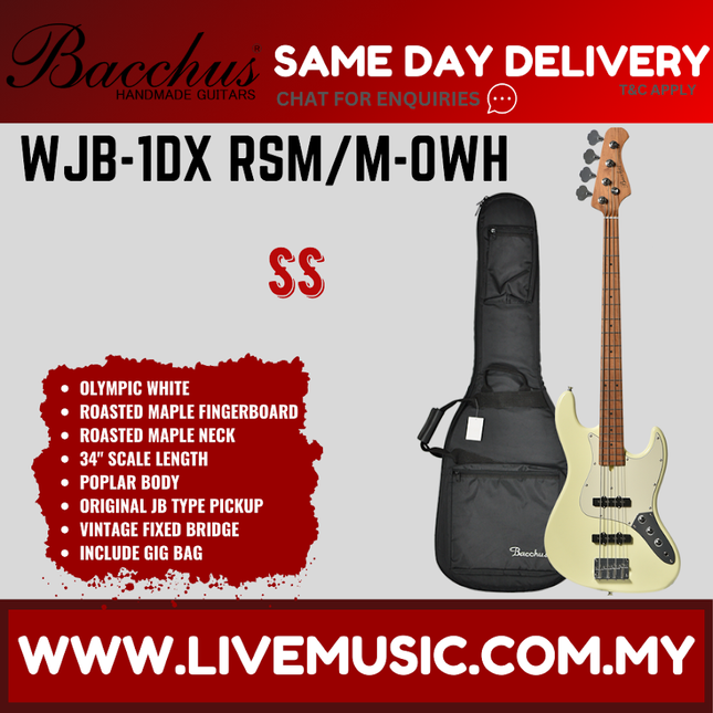 Olympic white electric bass guitar with gig bag, maple neck and roasted maple fingerboard