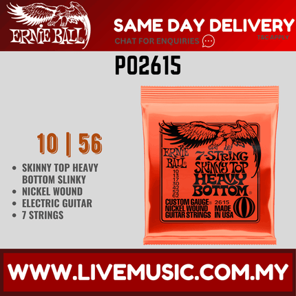Ernie Ball 2615 Skinny Top Heavy Bottom Slinky Nickel Wound 7-string Electric Guitar Strings, 10-62 Gauge