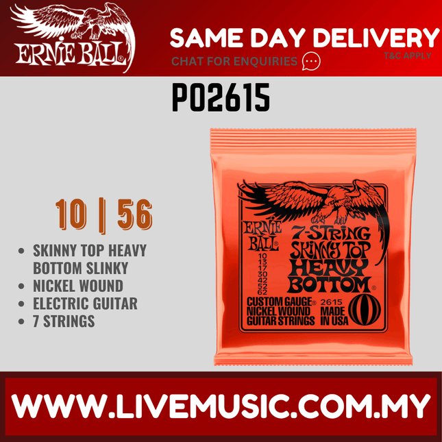 Ernie Ball 2615 Skinny Top Heavy Bottom Slinky Nickel Wound 7-string Electric Guitar Strings, 10-62 Gauge