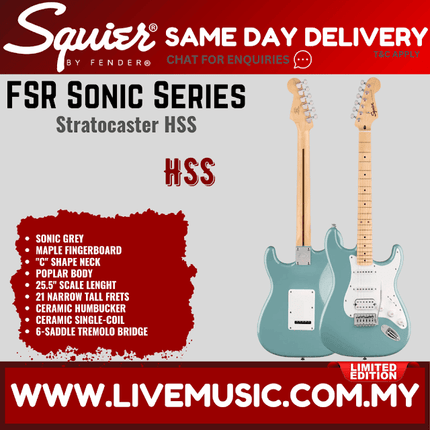 Squier FSR Sonic Stratocaster HSS Electric Guitar w/White Pickguard, Maple FB, Sonic Grey