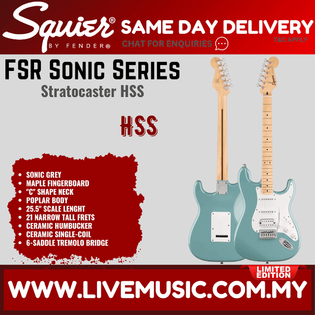 Squier FSR Sonic Stratocaster HSS Electric Guitar w/White Pickguard, Maple FB, Sonic Grey