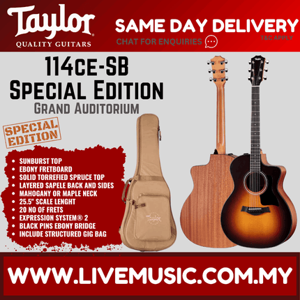Taylor 114ce-SB Sapele/Spruce Grand Auditorium Acoustic Guitar w/Bag, Sunburst Top