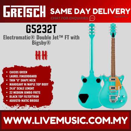 Gretsch G5232T Electromatic Double Jet FT Electric Guitar w/Bigsby, Laurel FB, Caicos Green