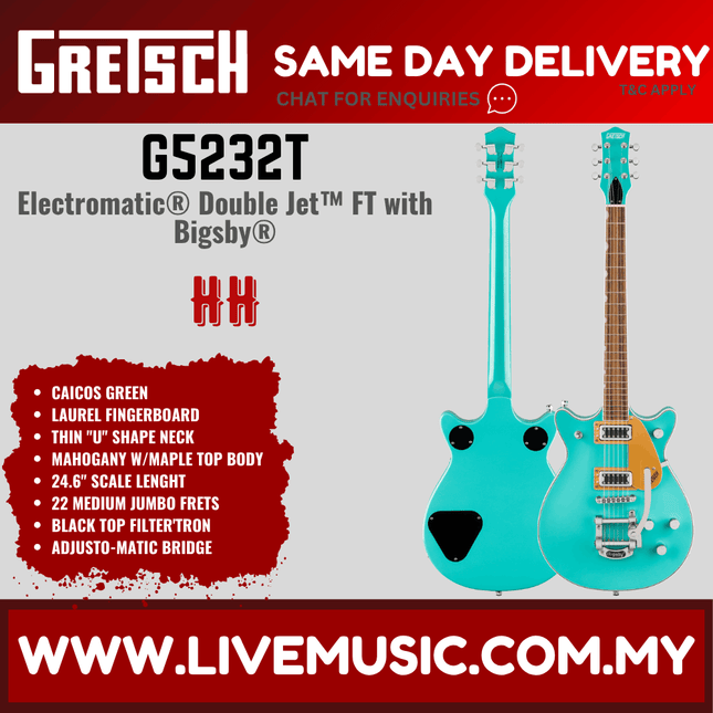 Gretsch G5232T Electromatic Double Jet FT Electric Guitar w/Bigsby, Laurel FB, Caicos Green