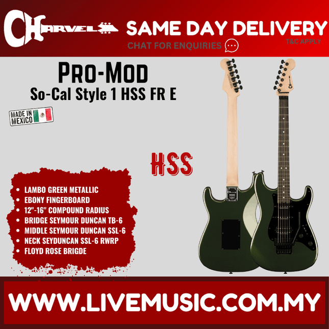 Charvel Pro-Mod So-Cal Style 1 HSS FR E Electric Guitar, Ebony FB, Lambo Green Metallic