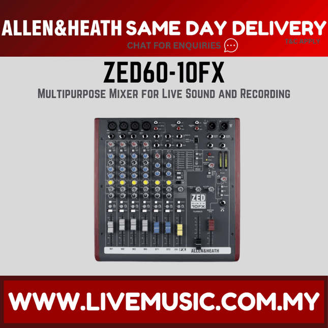 Allen & Heath ZED60-10FX audio mixer with control knobs and faders