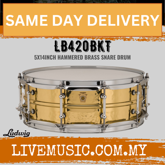 Ludwig LB420BKT 5x14inch Hammered Brass Snare Drum, Smooth Shell, Tube Lugs